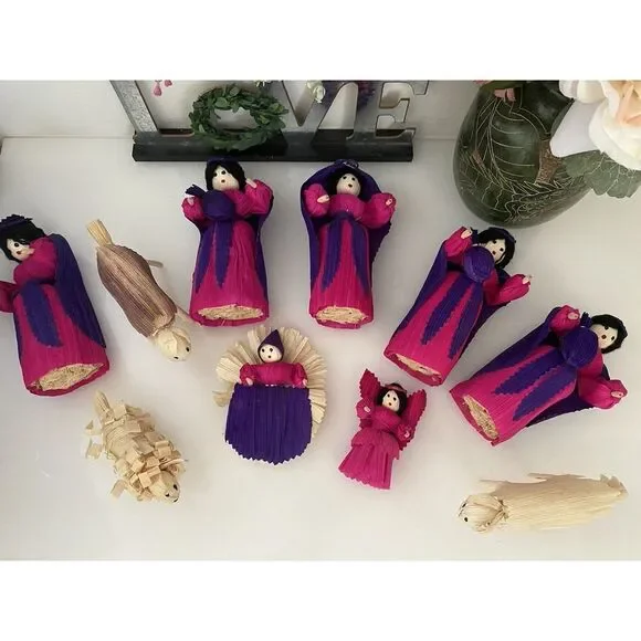 10 Piece Handmade Vtg Christmas Nativity Set Corn Husk 5" Dolls Roatan Honduras - Picture 9 of 16